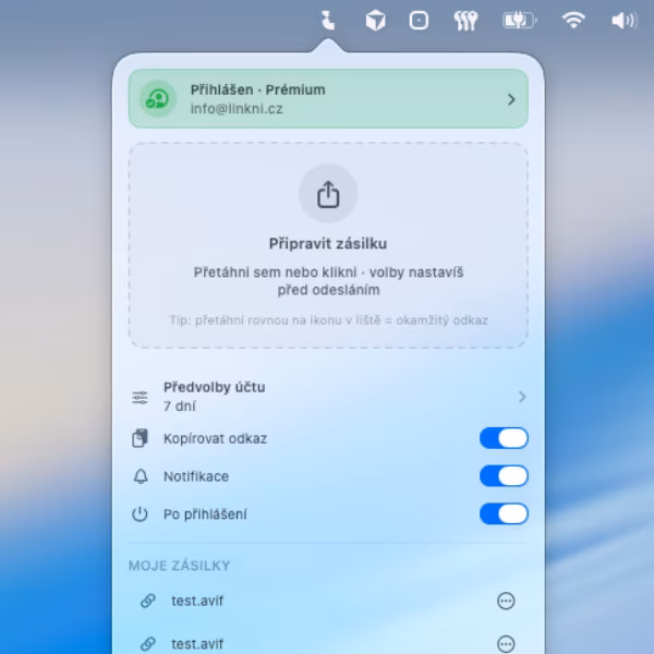 Linkni menu-bar panel s přípravou zásilky a přehledem zásilek